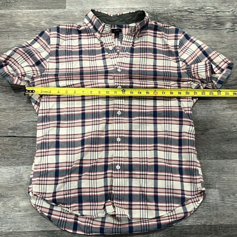 J.CREW men’s plaid blue pink button up short sleep shirt gray lined collar - M
